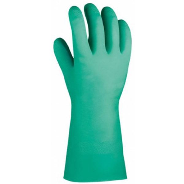 Grüner, ellenbogenlanger Gummihandschuh auf weißem Hintergrund.