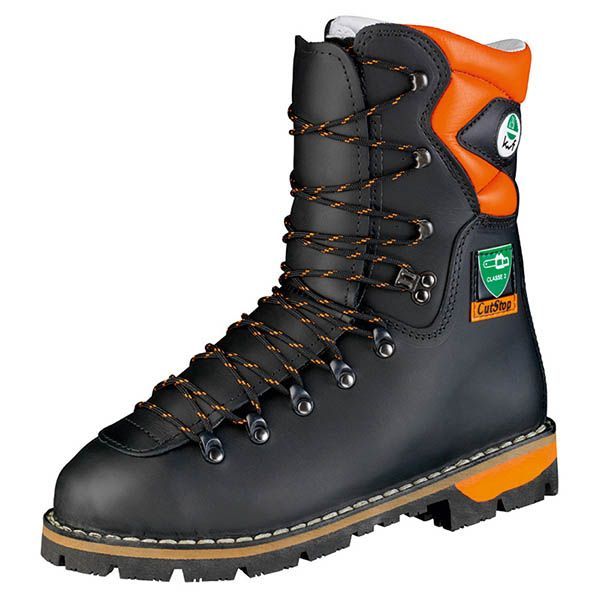 Schwarz-orangefarbener Arbeitsstiefel mit orangefarbenen Schnürsenkeln und Sohlen und einem Sicherheitsabzeichen.