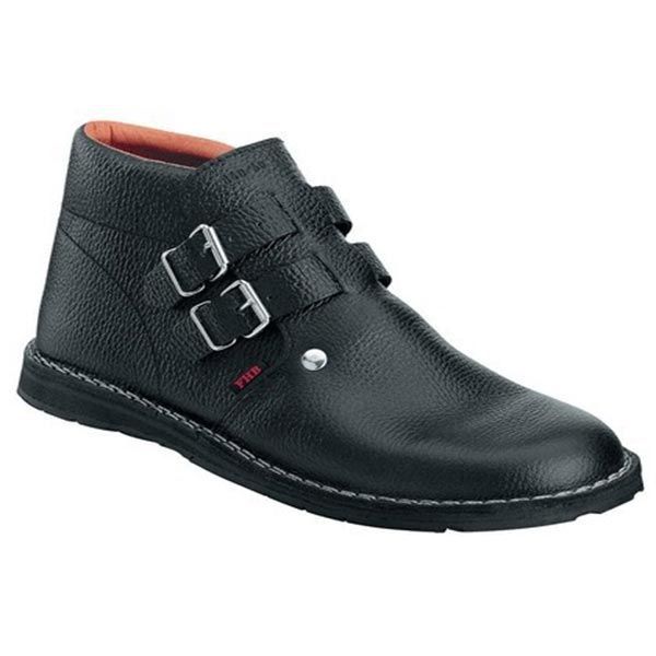 Schwarzer Arbeitsstiefel aus Leder mit zwei Schnallen.
