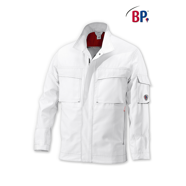 Weiße Industrie-Arbeitsjacke mit mehreren Taschen, BP-Logo.