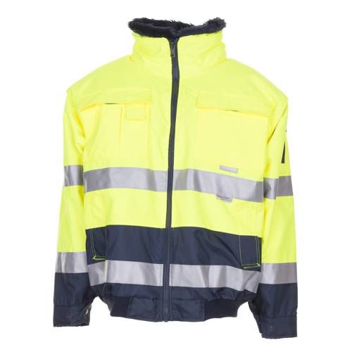 Gut sichtbare Sicherheitsjacke in Gelb und Marineblau mit reflektierenden Streifen.