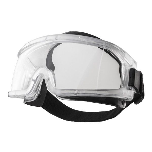 Klare Schutzbrille mit verstellbarem schwarzen Band.