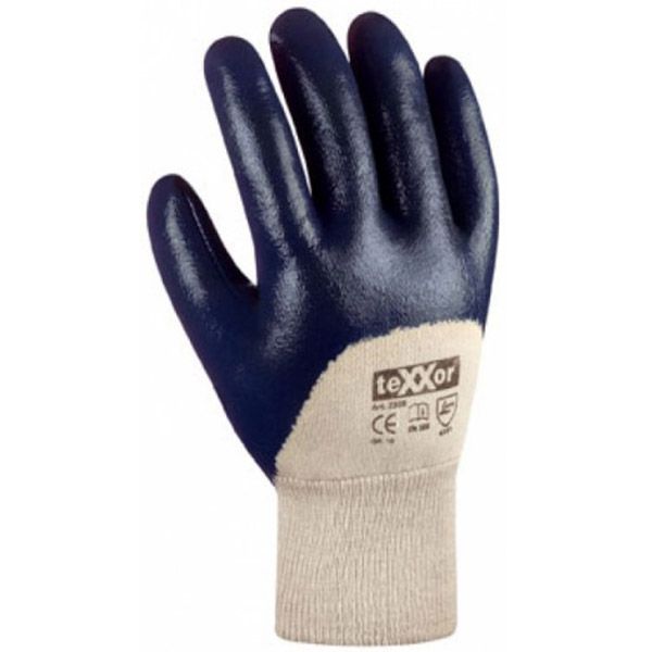 Blau-brauner Arbeitshandschuh mit „Texxor“-Logo auf der Stulpe.