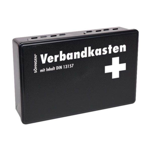 Schwarzer Verbandkasten mit weißem Kreuz und Aufschrift „Verbandkasten“ und „SöHNGEN“ mit Inhalt DIN 13157.