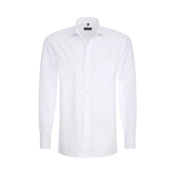 Weißes, langärmeliges Button-Down-Hemd mit Brusttasche und Kragen.