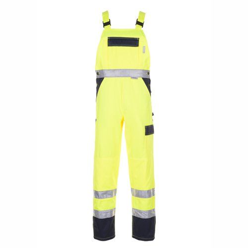 Gelber, gut sichtbarer Arbeitsoverall mit reflektierenden Streifen und marineblauen Akzenten.