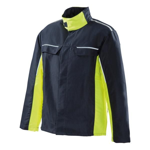 Marineblaue und neongelbe Arbeitsjacke mit reflektierenden Streifen.