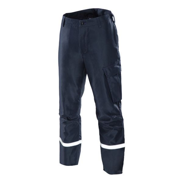 Marineblaue Arbeitshose mit reflektierenden Streifen an den Unterschenkeln.