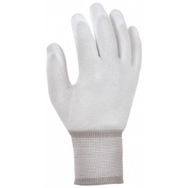 Weißer Arbeitshandschuh mit grauem Armband.