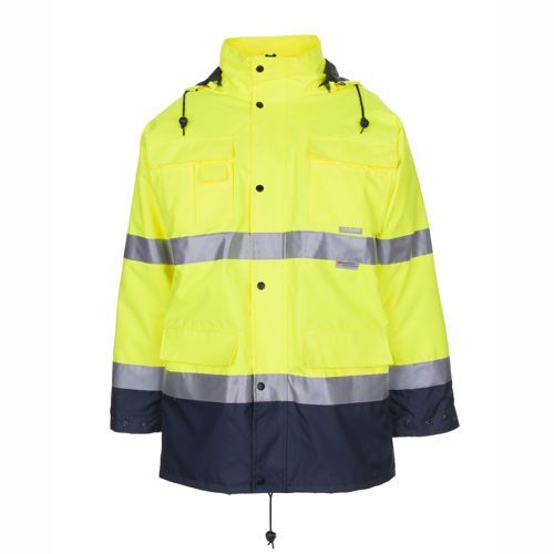 Gelbe und marineblaue Sicherheitsjacke mit reflektierenden Streifen und Kapuze.