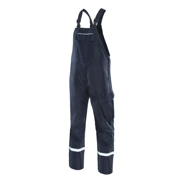 Blauer Arbeitsoverall mit Reflektorstreifen.