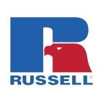 Russell Athletics-Logo: Blaues „R“ mit roter Adlerkopfsilhouette, darunter „RUSSELL“.