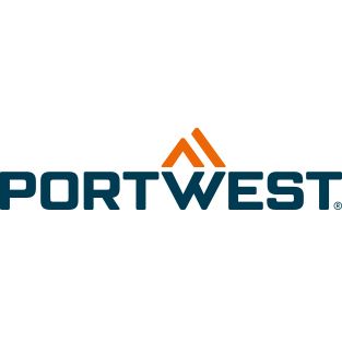 Portwest-Logo: marineblauer Text und orangefarbenes Bergsymbol auf Weiß.