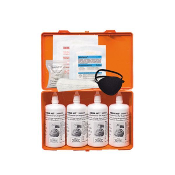 Orangefarbenes Augenspülset, enthält Flaschen, Augenpads und ein Pflaster.