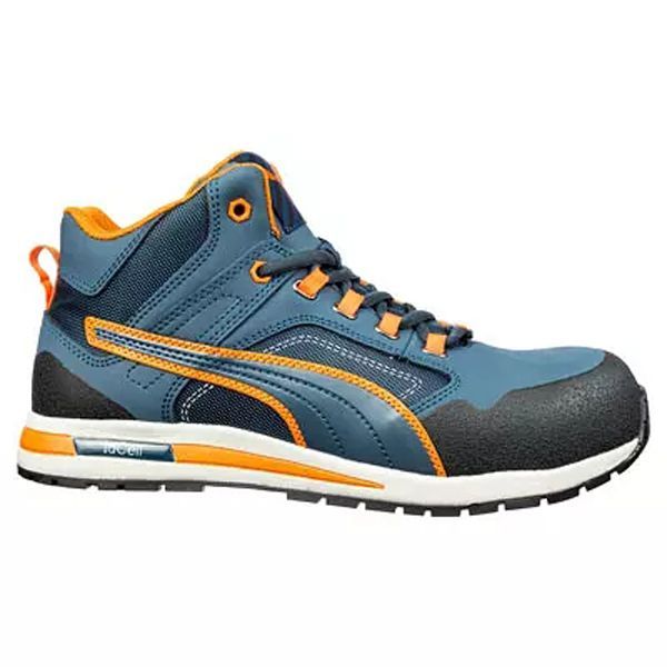 Blau-orangefarbener Sicherheitsschuh von Puma mit schwarzer Zehenkappe und weißer Sohle.