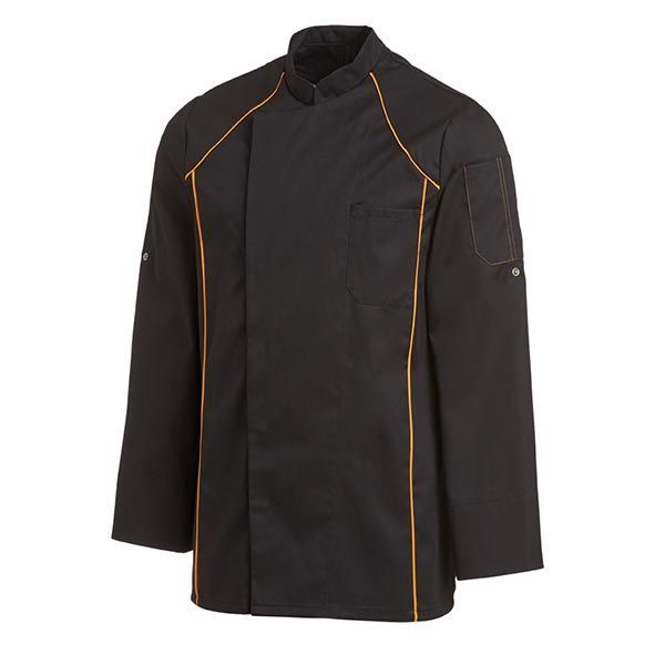 Schwarze Kochjacke mit orangefarbenem Besatz, Stehkragen und langen Ärmeln.