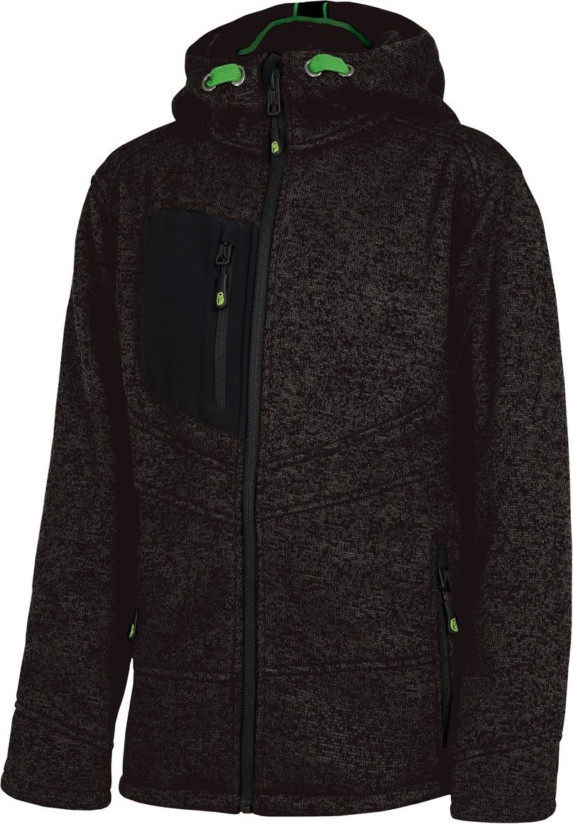 Schwarze Fleecejacke mit Kapuze und grünen und schwarzen Akzenten.