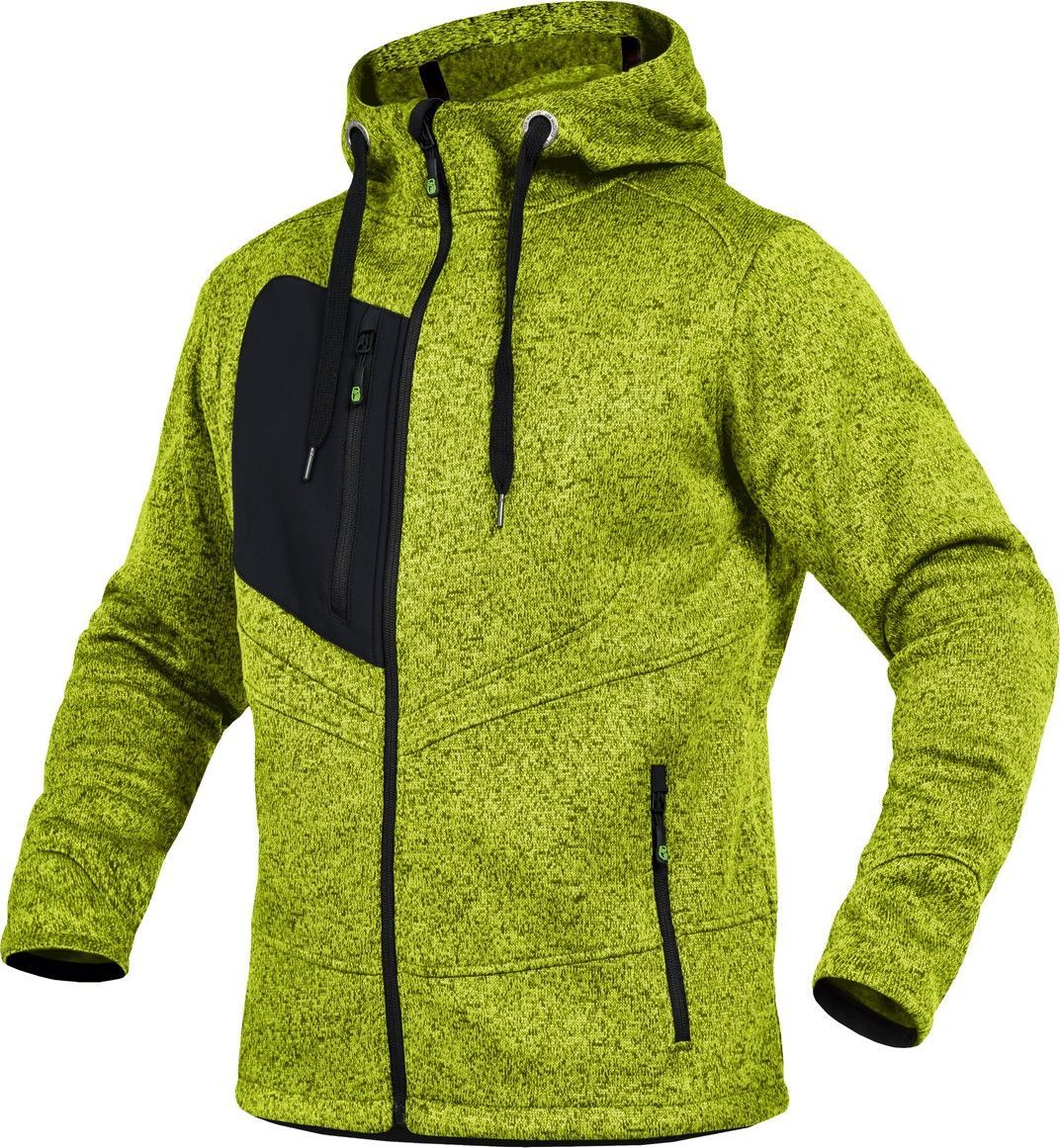 Limettengrüne Kapuzenjacke mit schwarzer Tasche.