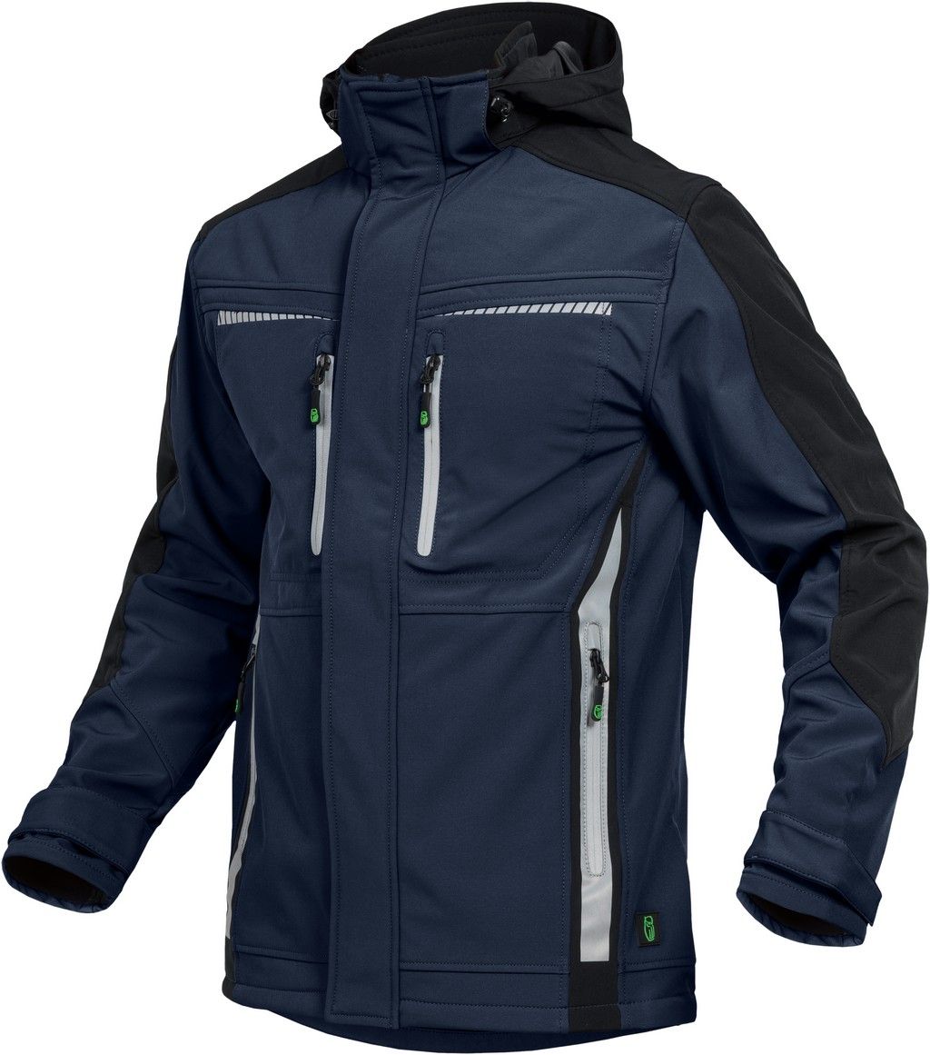 Marineblaue und schwarze Arbeitsjacke mit reflektierenden Akzenten und Kapuze.