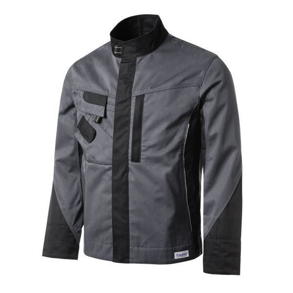 Grau-schwarze Arbeitsjacke mit Stehkragen und mehreren Taschen.
