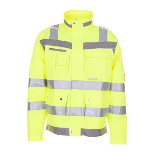 Gelbe Warnweste mit Reflektorstreifen und mehreren Taschen.