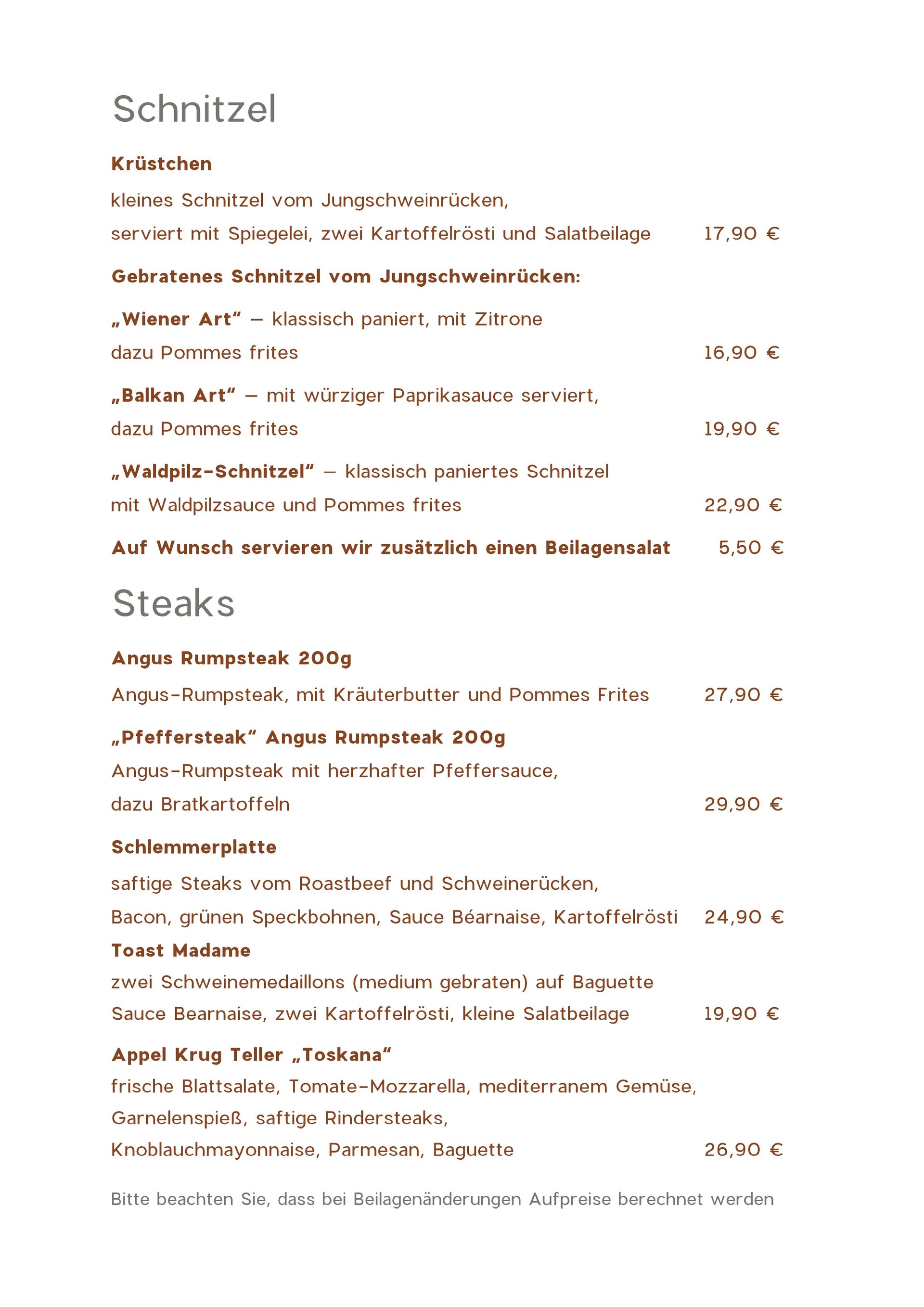 Speisekarte Appelkrug