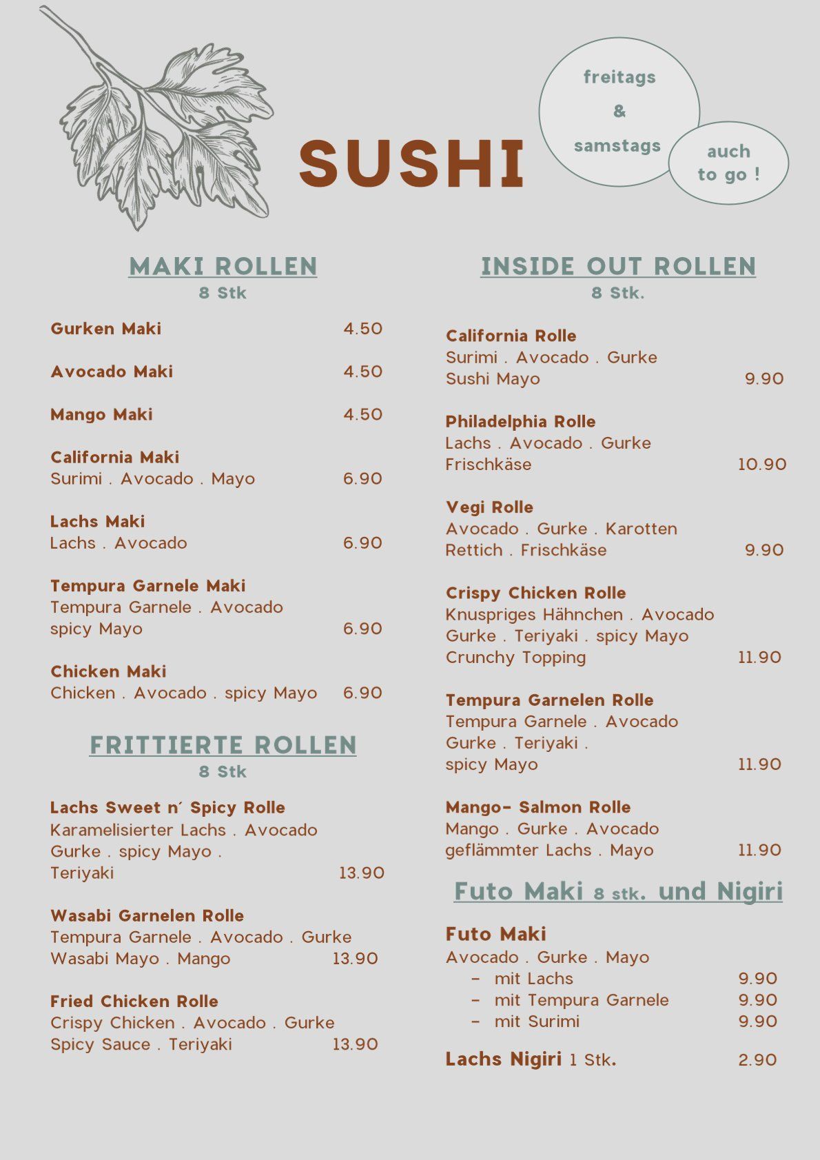 Sushi-Menü mit Maki, Inside-Out und frittierten Rollen.