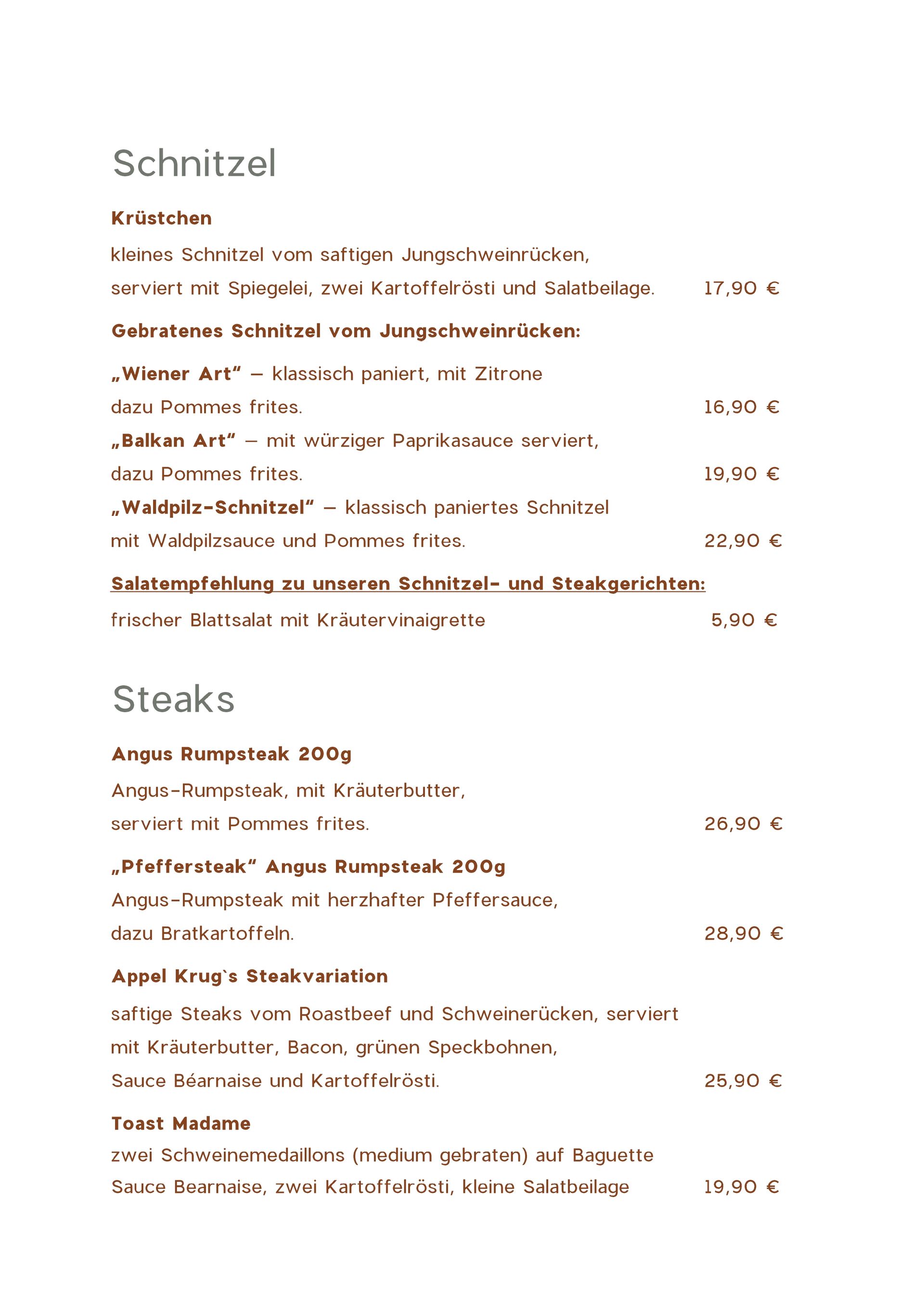 Speisekarte Appelkrug