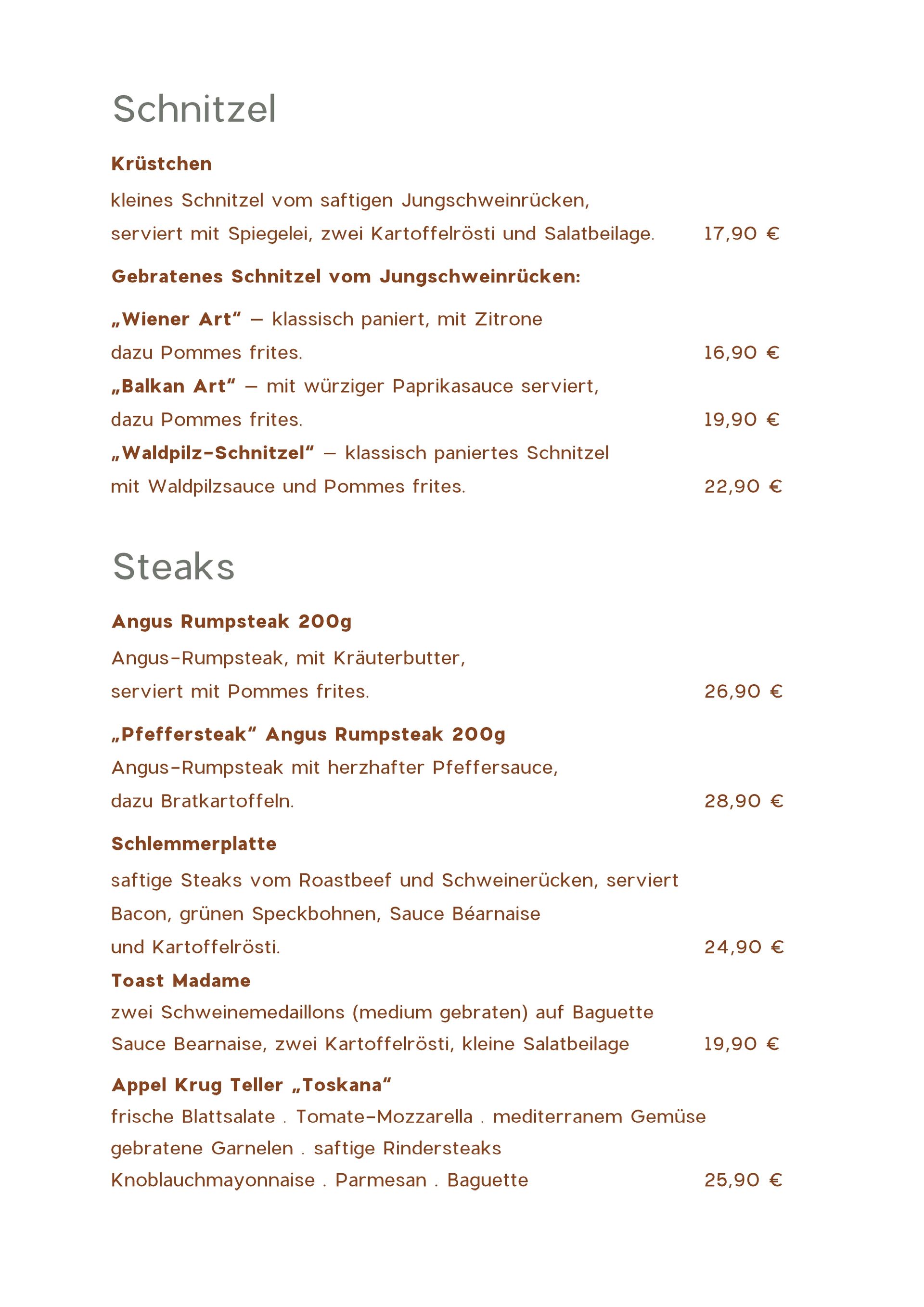 Speisekarte Appelkrug