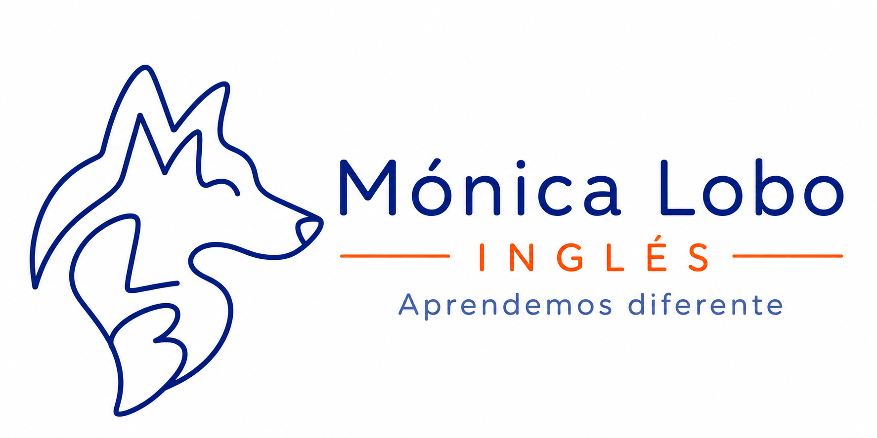 Dibujo lineal azul de la cabeza de un lobo; "Mónica Lobo Inglés" con "Aprendemos diferente" debajo.