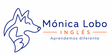 Dibujo lineal azul de la cabeza de un lobo; "M&oacute;nica Lobo Ingl&eacute;s" con "Aprendemos diferente" debajo.