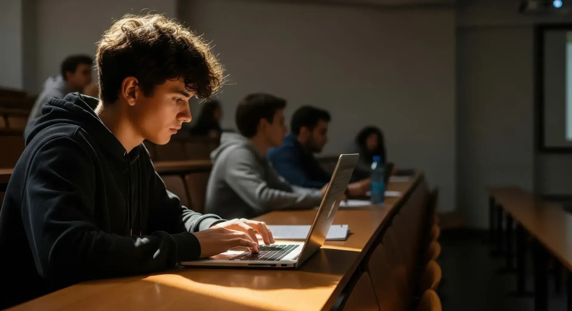 Un estudiante escribe en una laptop en un aula, con la luz del sol en el rostro. Otros estudiantes al fondo.