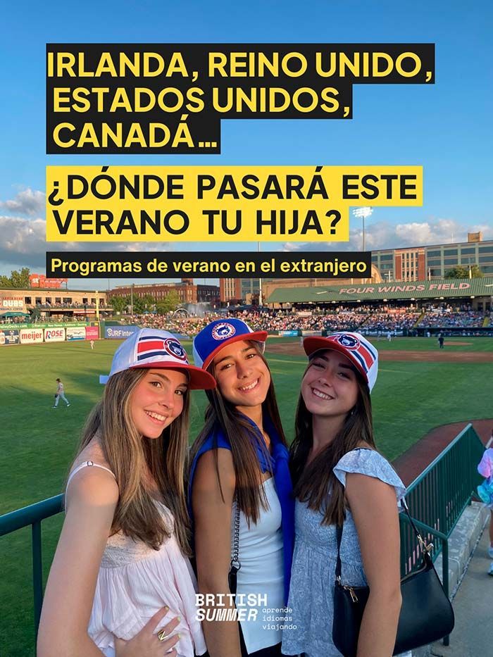 Tres jóvenes en uniforme de softbol en un estadio, con texto promocionando programas de verano en el extranjero.