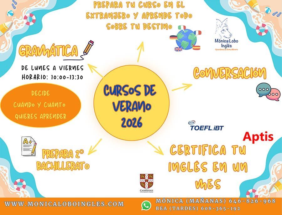 Anuncio colorido de “Cursos de verano 2026” con cursos de inglés, conversación, TOEFL e informática.