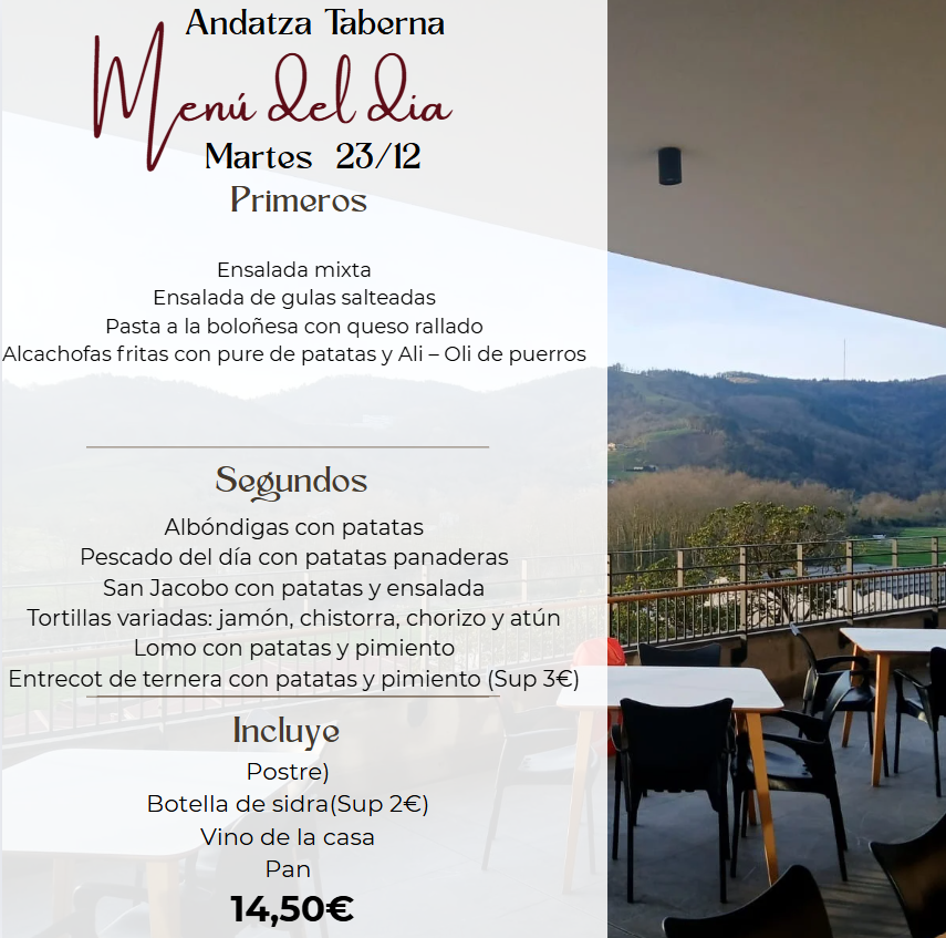 Un menú para un restaurante llamado andatza taberna