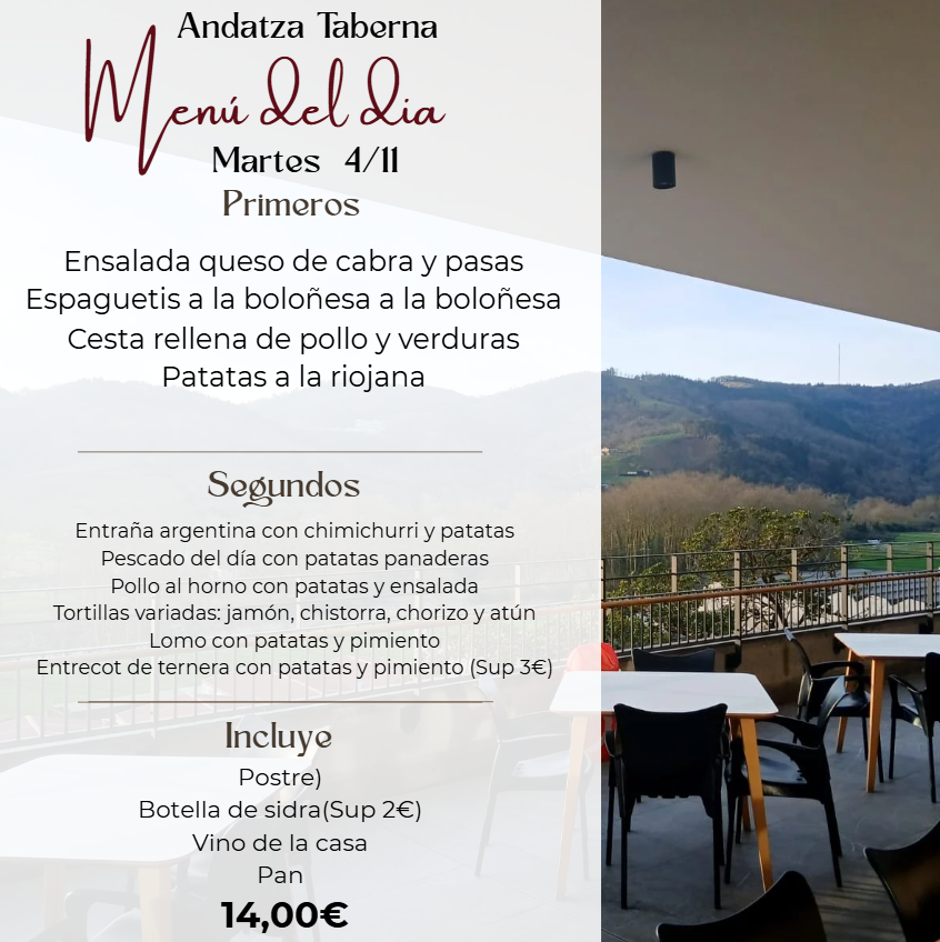 Un menú para un restaurante llamado andatza taberna