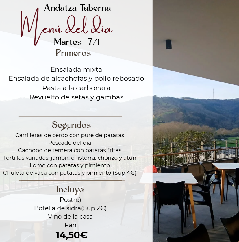 Un menú para un restaurante llamado andatza taberna