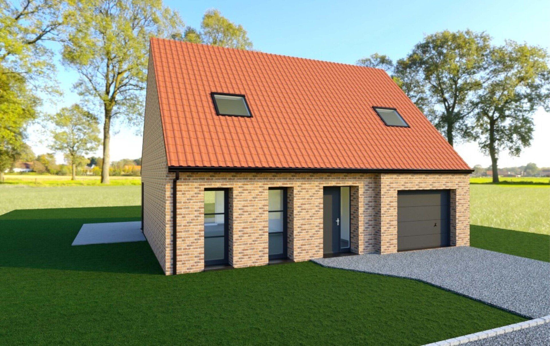 Modele maison toit orange et garage