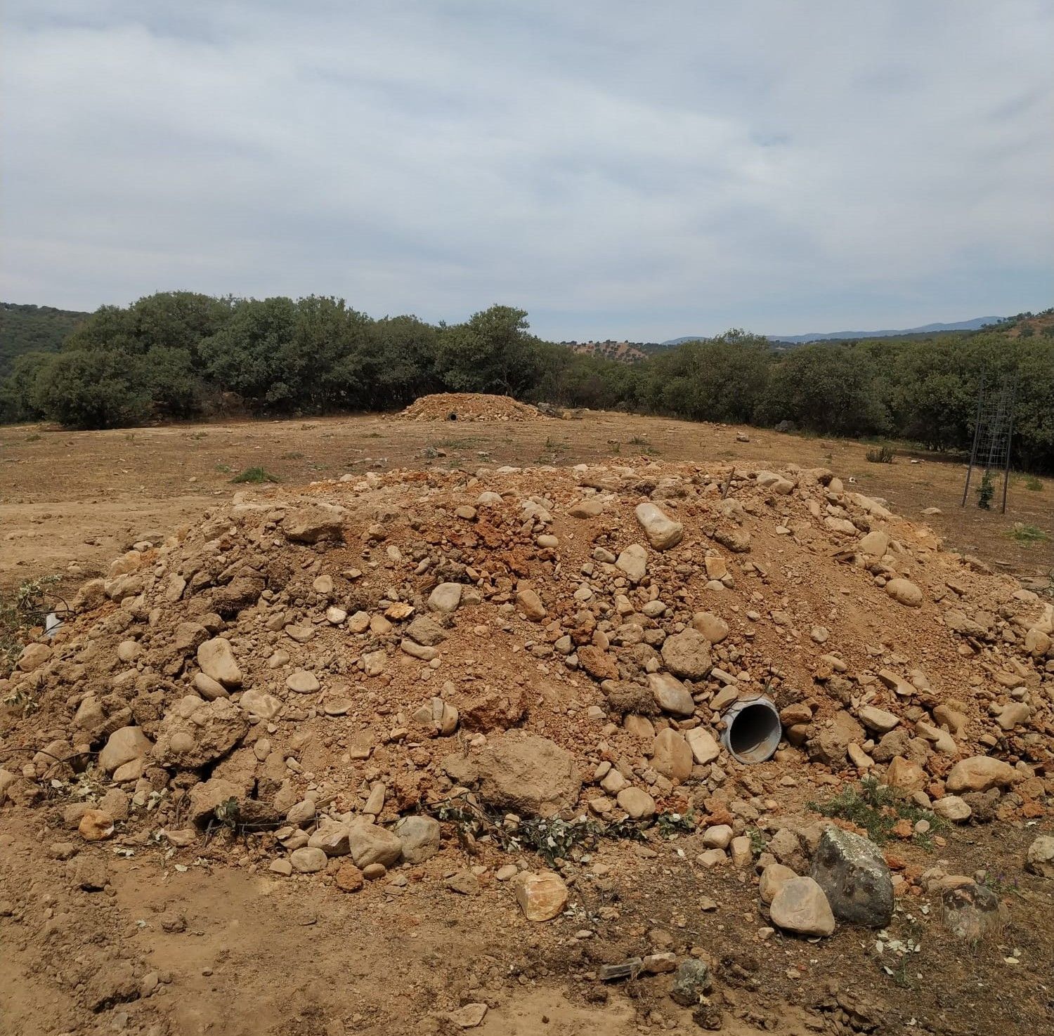 Montón de tierra y rocas en un campo abierto con árboles al fondo bajo un cielo nublado.