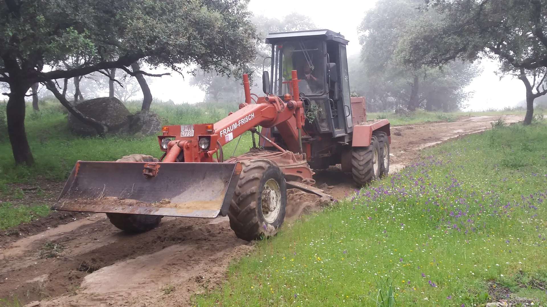 Una niveladora naranja nivela un camino de tierra fangoso bordeado de césped verde y árboles bajo un cielo nublado.
