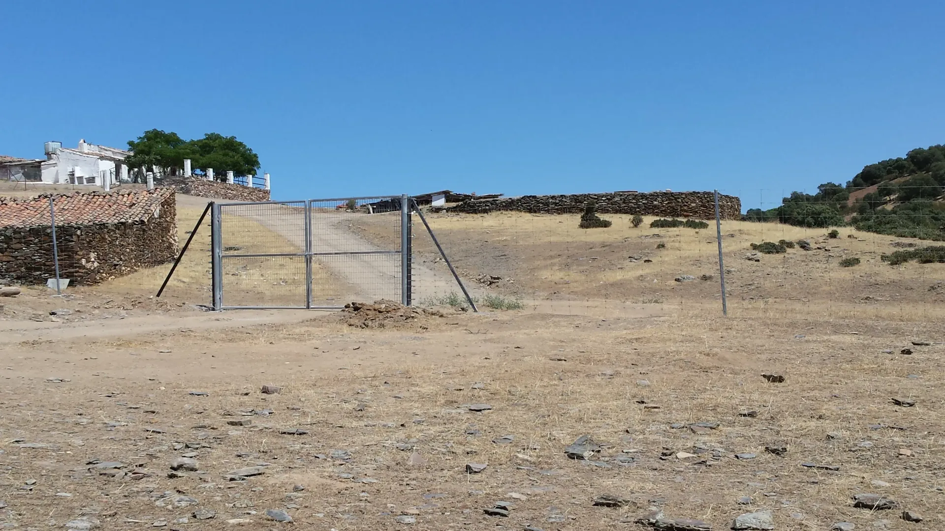 Una ladera seca y cercada con una puerta, leña apilada a la izquierda y un cielo azul claro en lo alto.