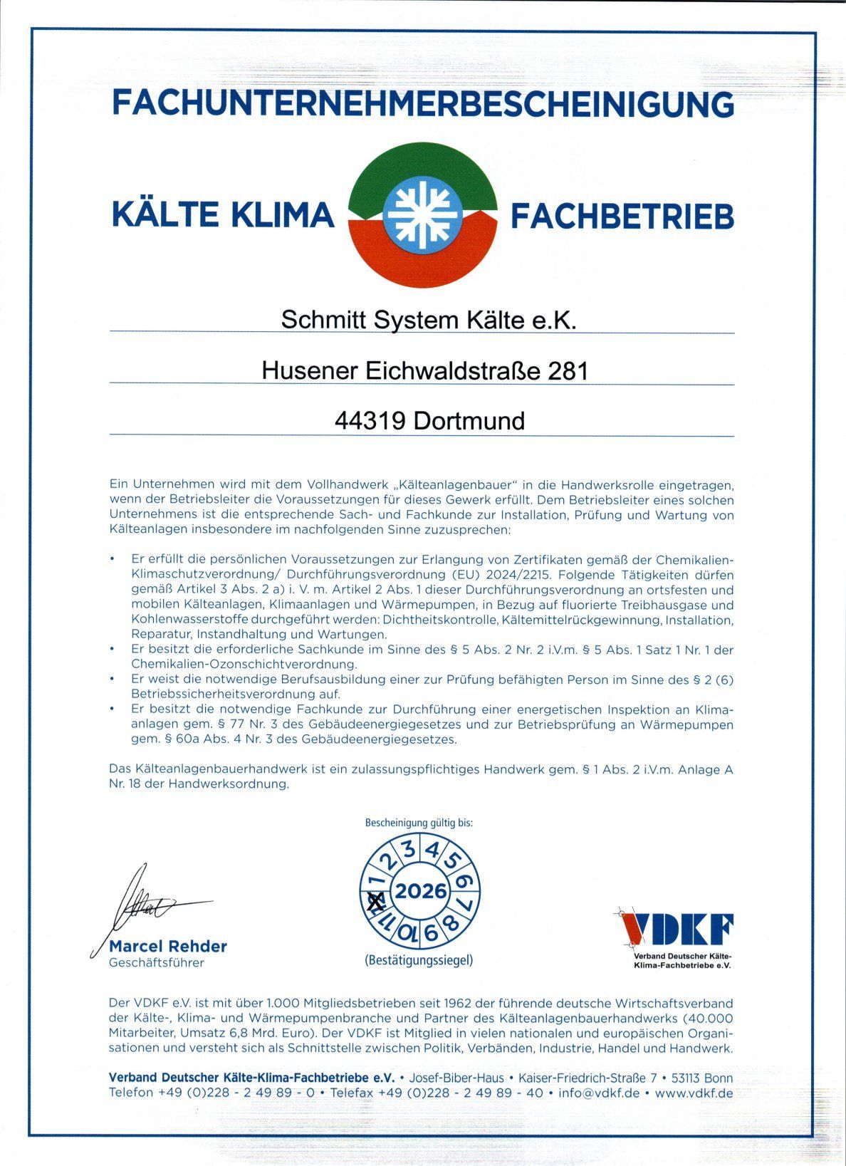 Fachunternehmerbescheinigung | Schmitt System Kälte e.K.