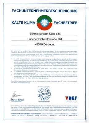 Fachunternehmerbescheinigung | Schmitt System Kälte e.K. Fachunternehmerbescheinigung | Schmitt System Kälte e.K.