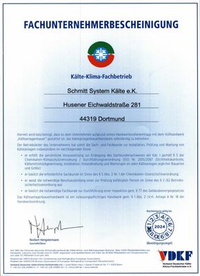 Fachunternehmerbescheinigung | Schmitt System Kälte e.K. Fachunternehmerbescheinigung | Schmitt System Kälte e.K.