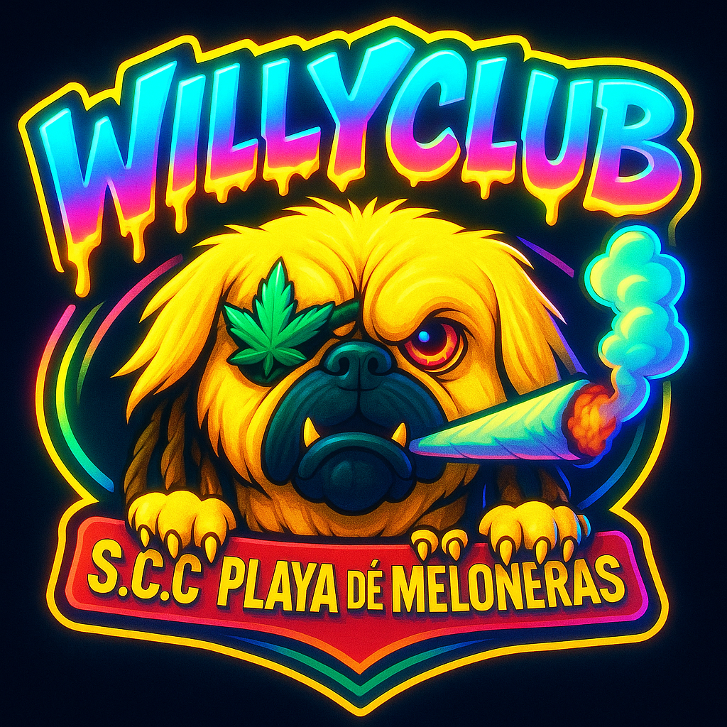 Perro fumando un porro, con un parche en el ojo. Logotipo del "Willy Club" sobre el "SCC Playa de Meloneras".