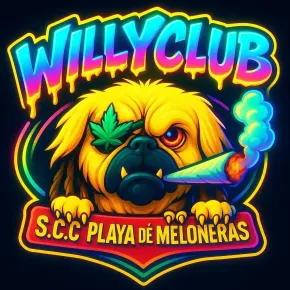 Perro fumando un porro, con un parche en el ojo. Logotipo del "Willy Club" sobre el "SCC Playa de Meloneras".
