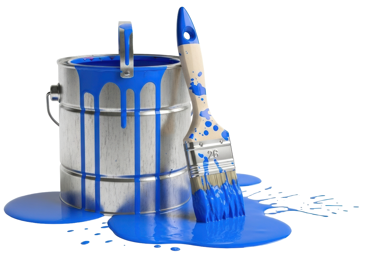 De la peinture bleue se répand d'un pot en métal, un pinceau se trouvant à proximité.