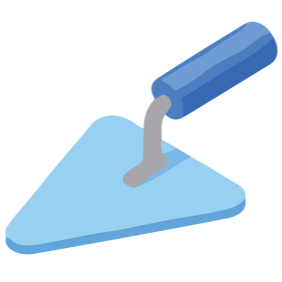 Truelle bleue à manche gris, utilisée dans le bâtiment.