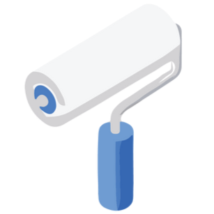 Rouleau à peinture avec rouleau blanc et manche bleu.