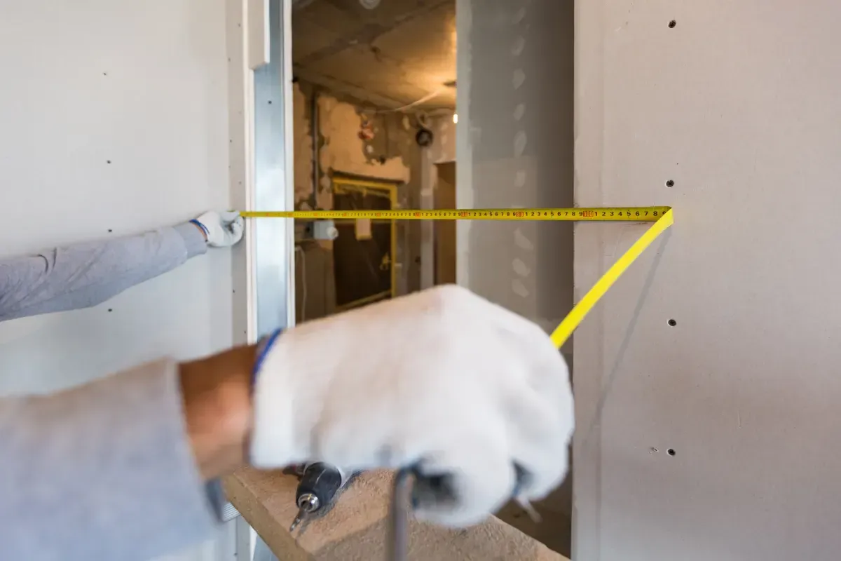 Una persona que usa guantes usa una cinta métrica para medir una abertura en la pared durante la construcción.